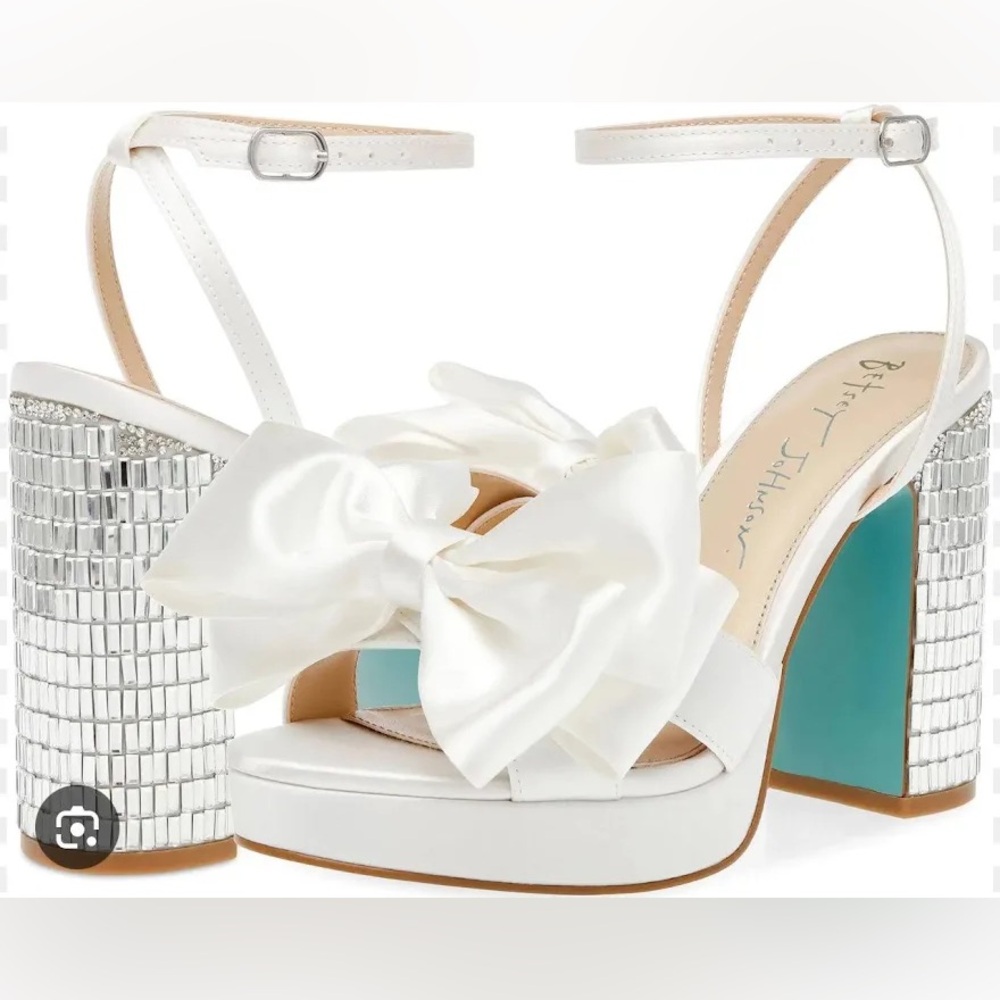 Chic White Satin Bow Heels with Silver Accents